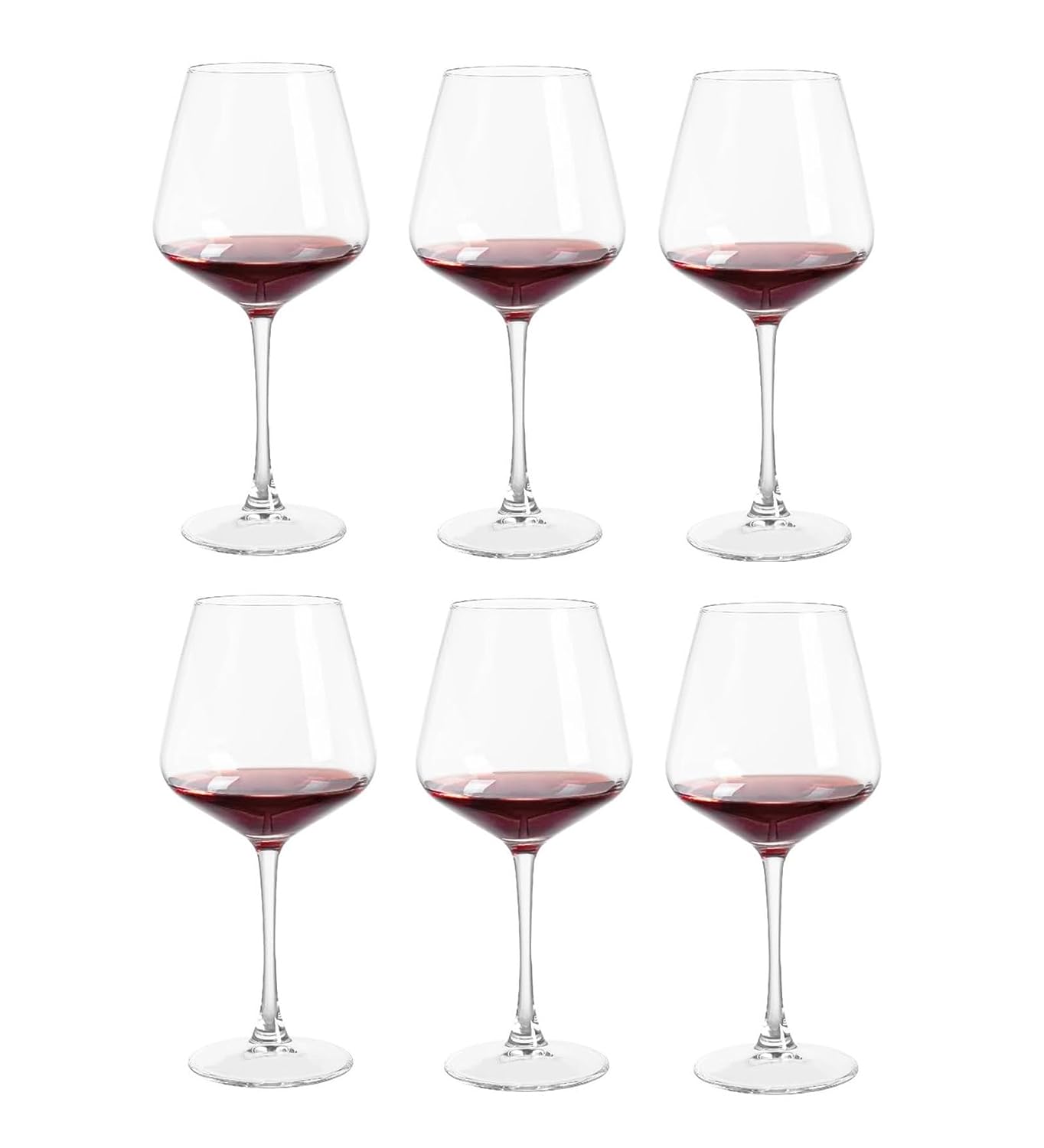 Set of 6 crystal red wine glasses, perfect for bold red wines.