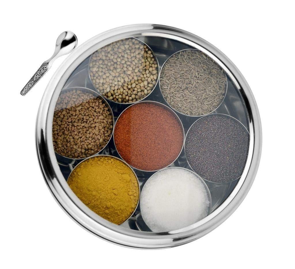 smart "serve" Stainless Steel Masala (Spice) Box/Dabba/Organiser with 7 Containers and Small Spoon Size No. 11 (19cm Dia)