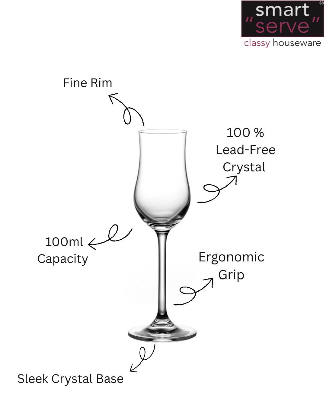 SmartServe 100ml Stemmed Sherry Glasses Set of 6 | Lead-Free Snifter Glasses for Whiskey, Scotch, Grappa, Cognac, Liqueurs, Dessert Wines & Spirits | Premium Antique Style Gift