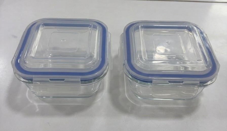 Smartserve Square Borosilicate Glass Container with Blue PP Lid, 310 ML Set of 2 | Food Storage & Meal Prep Containers | Kitchen, Office & Home Use
