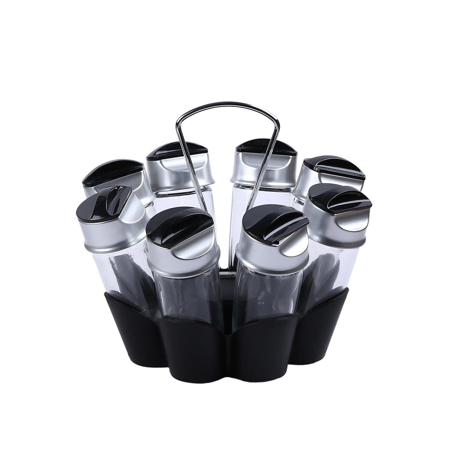 Trudeau Glass Bottle Flower Spice Rack Set, Set of 8, Black | Storage Bottles