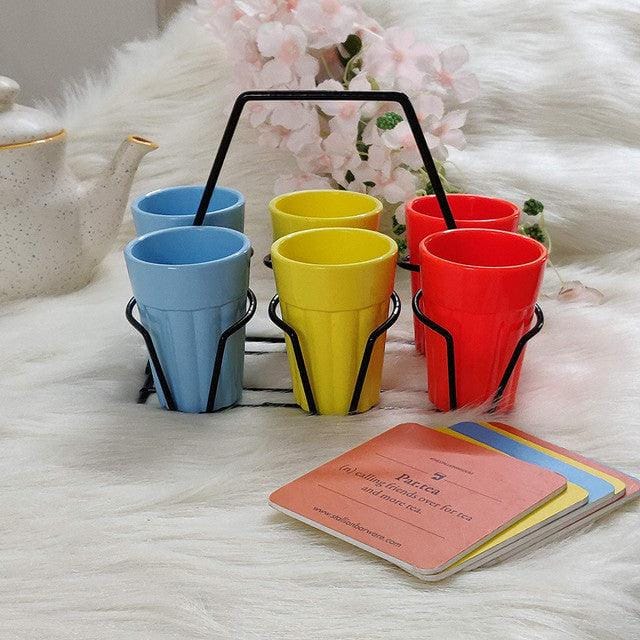 Stallion Barware Unbreakable Cutting Chai Cups with Caddy (Morning Hues) (150ml) - Set of 6 | Cutting Chai Cups