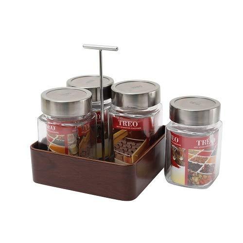 JVS Revolving Organiser Treo Jars Walnut, 310 ml , Multicolour, 4 jars-1 stand-1 handle | Jars & Containers