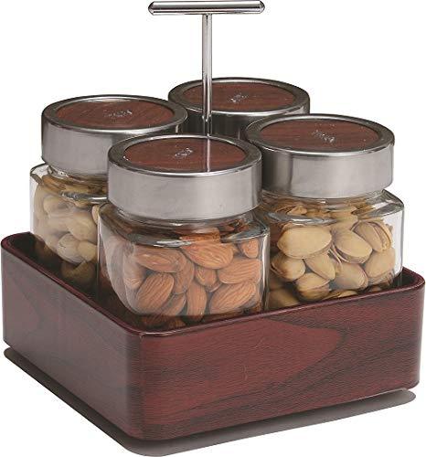 JVS Revolving Organiser Treo Jars Mahogany, 310 ml , Multicolour, 4 jars-1 stand-1 handle | Jars & Containers