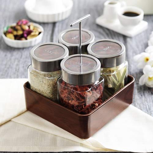 JVS Revolving Organiser Treo Jars Walnut, 310 ml , Multicolour, 4 jars-1 stand-1 handle | Jars & Containers