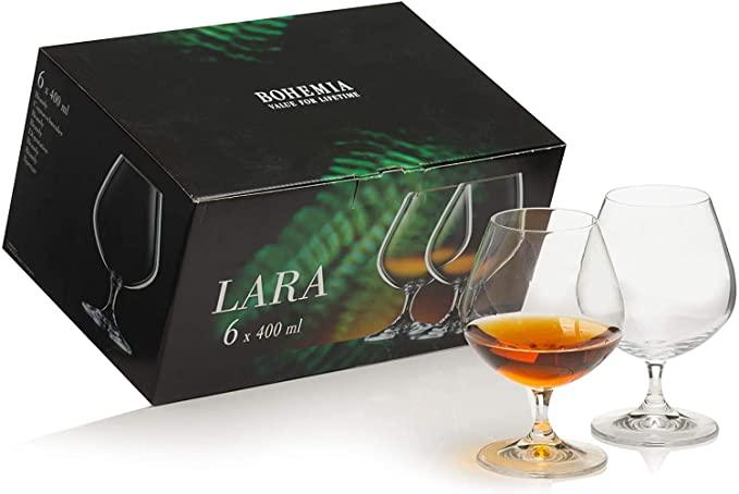 Bohemia Crystal Lara Brandy Glass Set, 400ml, Set of 6pcs, Transparent, Non Lead Crystal Glass | Brandy Glass