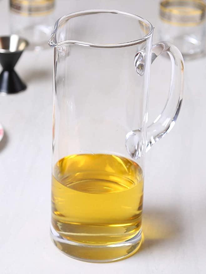 Modern glass jug with wide mouth for easy pouring and filling.