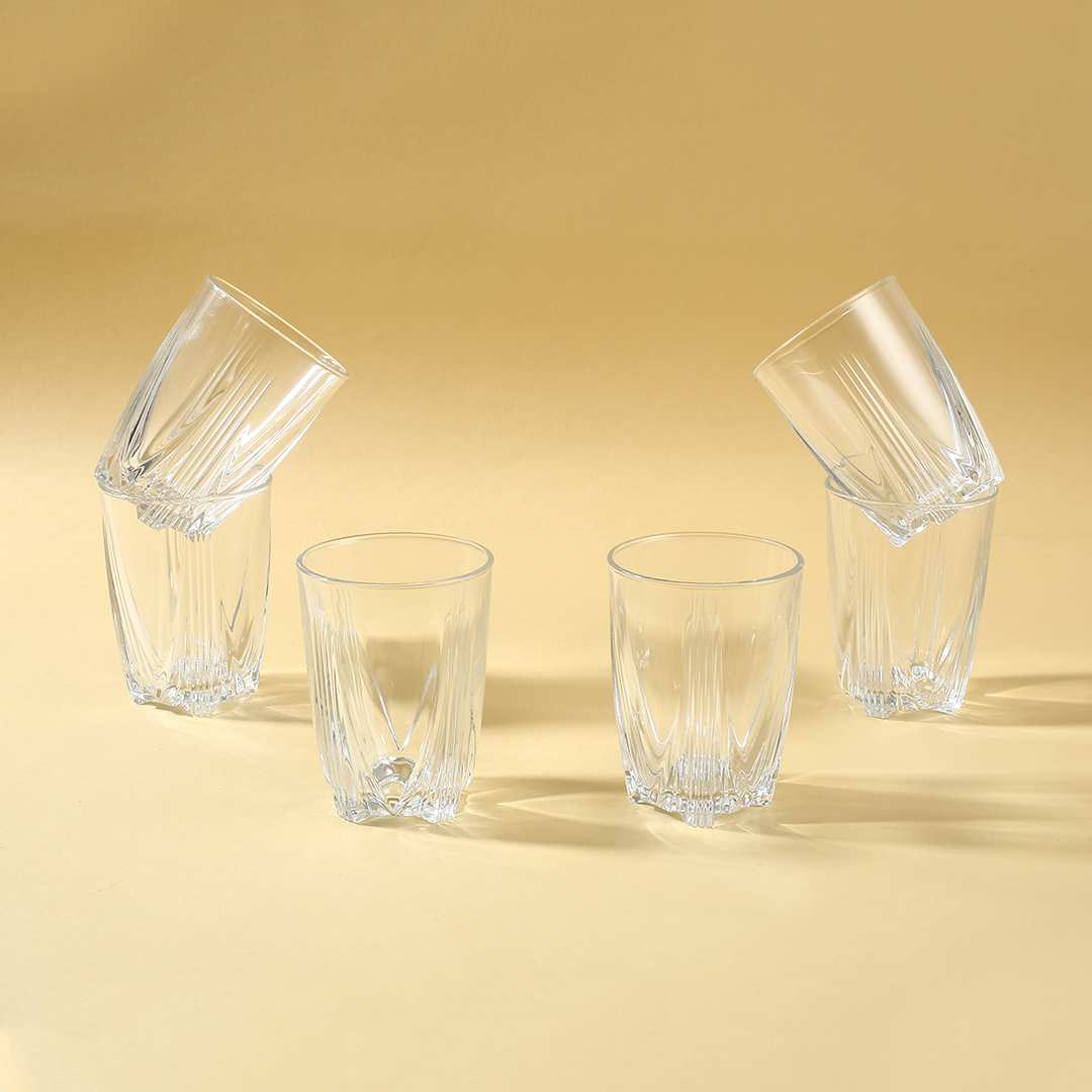 Full Mont Blanc glass set displayed on a kitchen counter.