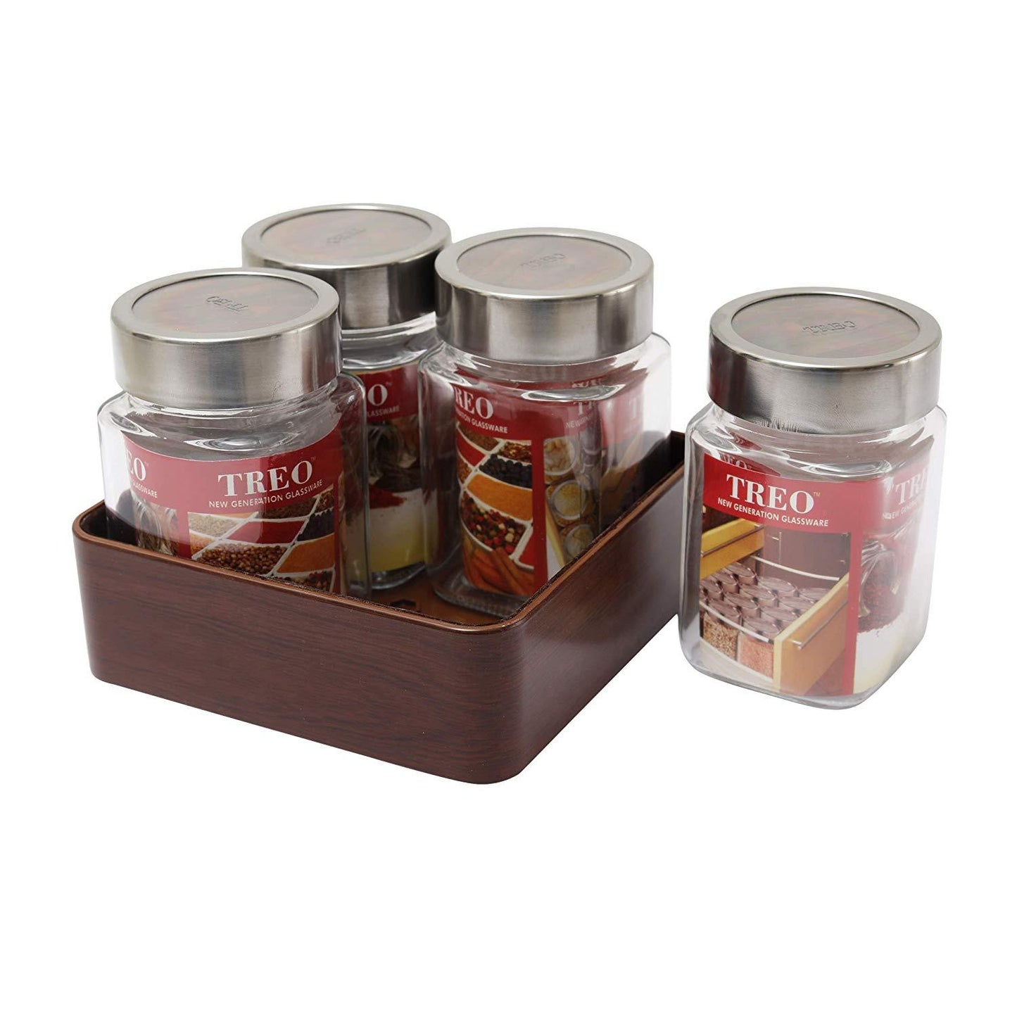 JVS Counter Organiser Treo Jars Walnut, 310 ml , Multicolour, 4 jars-1 stand | Jars & Containers