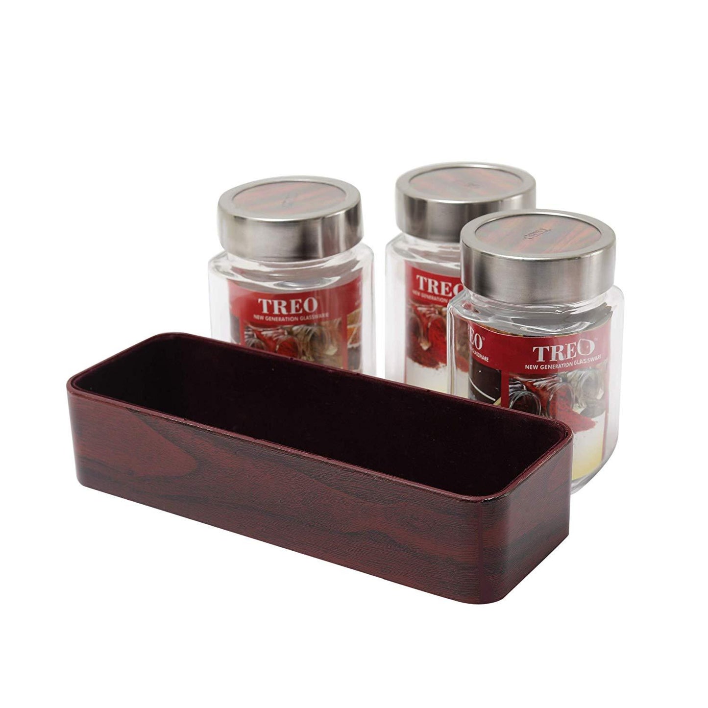 JVS Counter Organiser Treo Jars Mahogany, 310 ml , Multicolour, 3 jars-1 stand | Jars & Containers