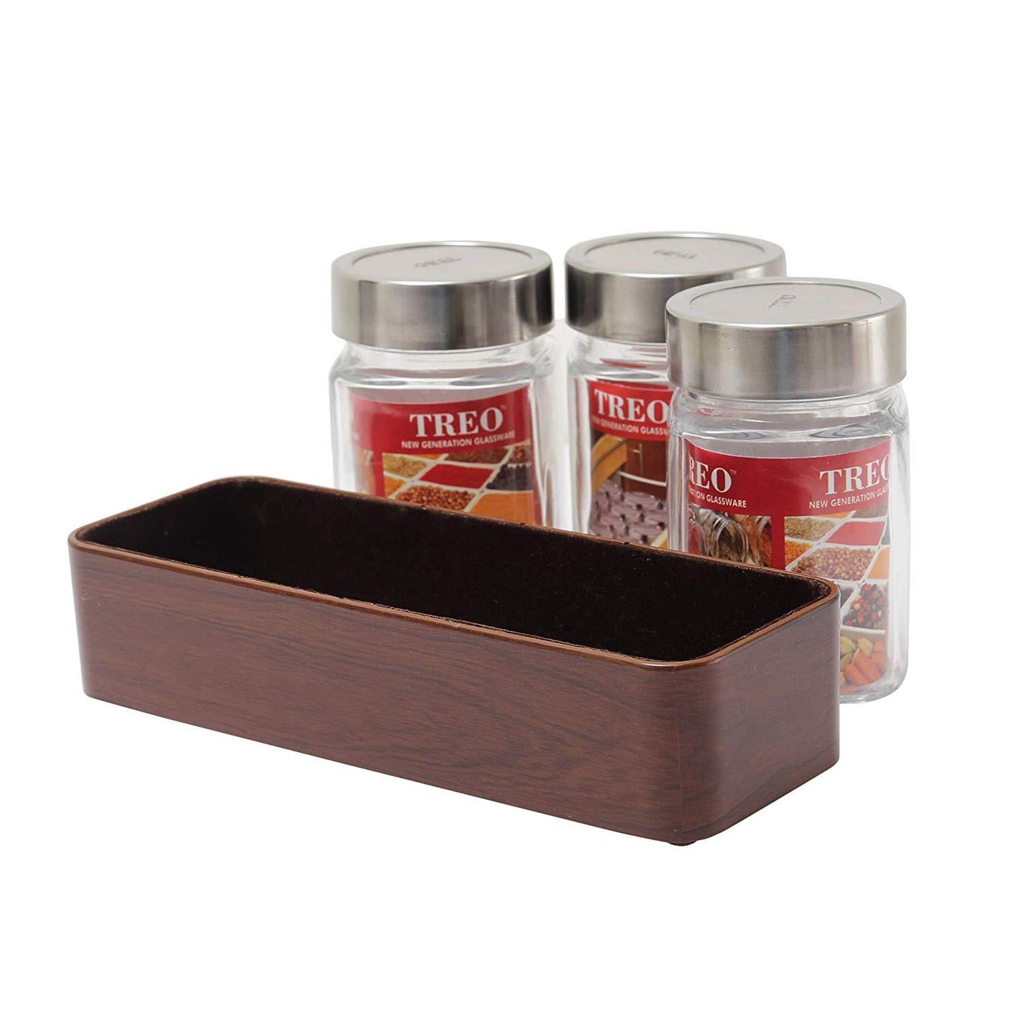 JVS Counter Organiser Treo Jars Walnut, 310 ml , Multicolour, 3 jars-1 stand | Jars & Containers