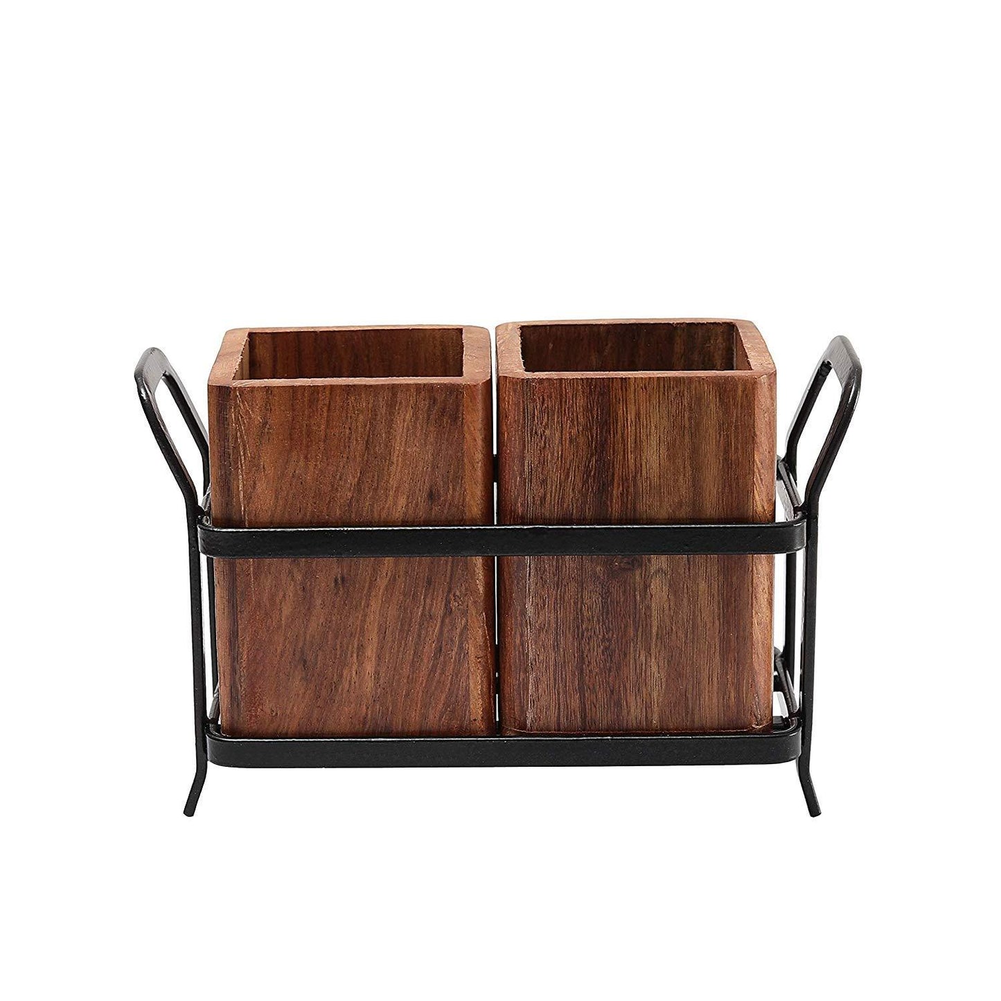 JVS Duo Cutlery Holder Brown in Wood Material with Black Stylish Iron Stand | Kitchen Racks & Holders