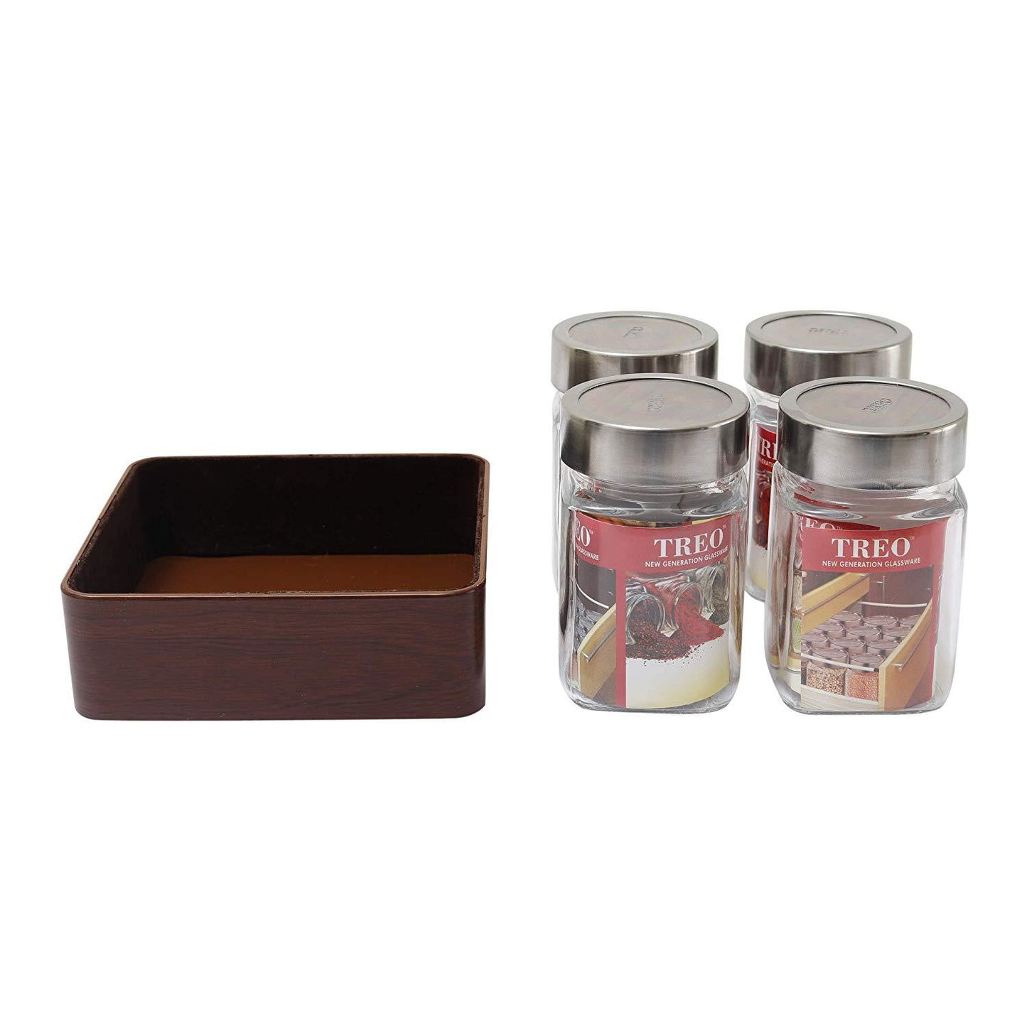 JVS Counter Organiser Treo Jars Walnut, 310 ml , Multicolour, 4 jars-1 stand | Jars & Containers