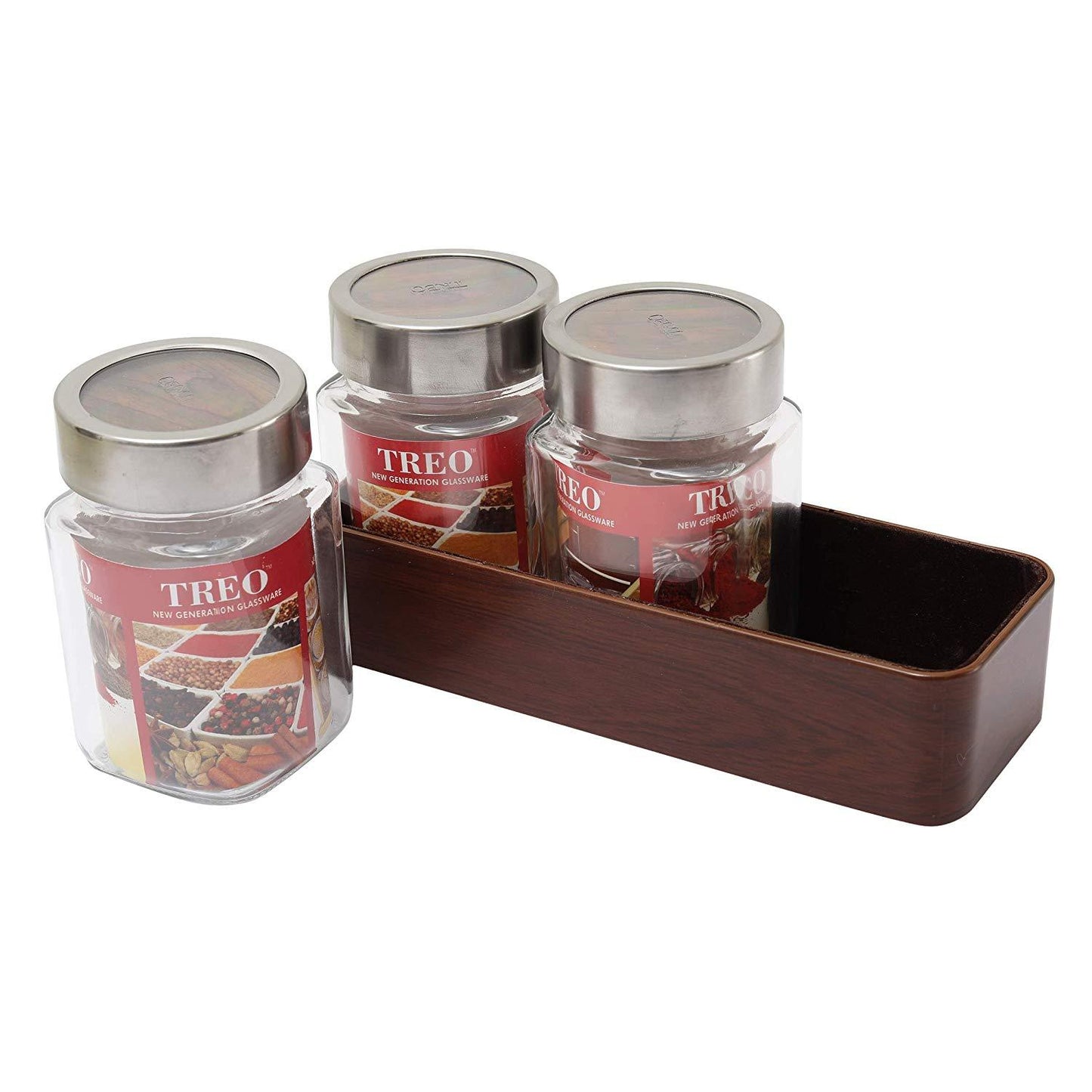 JVS Counter Organiser Treo Jars Walnut, 310 ml , Multicolour, 3 jars-1 stand | Jars & Containers