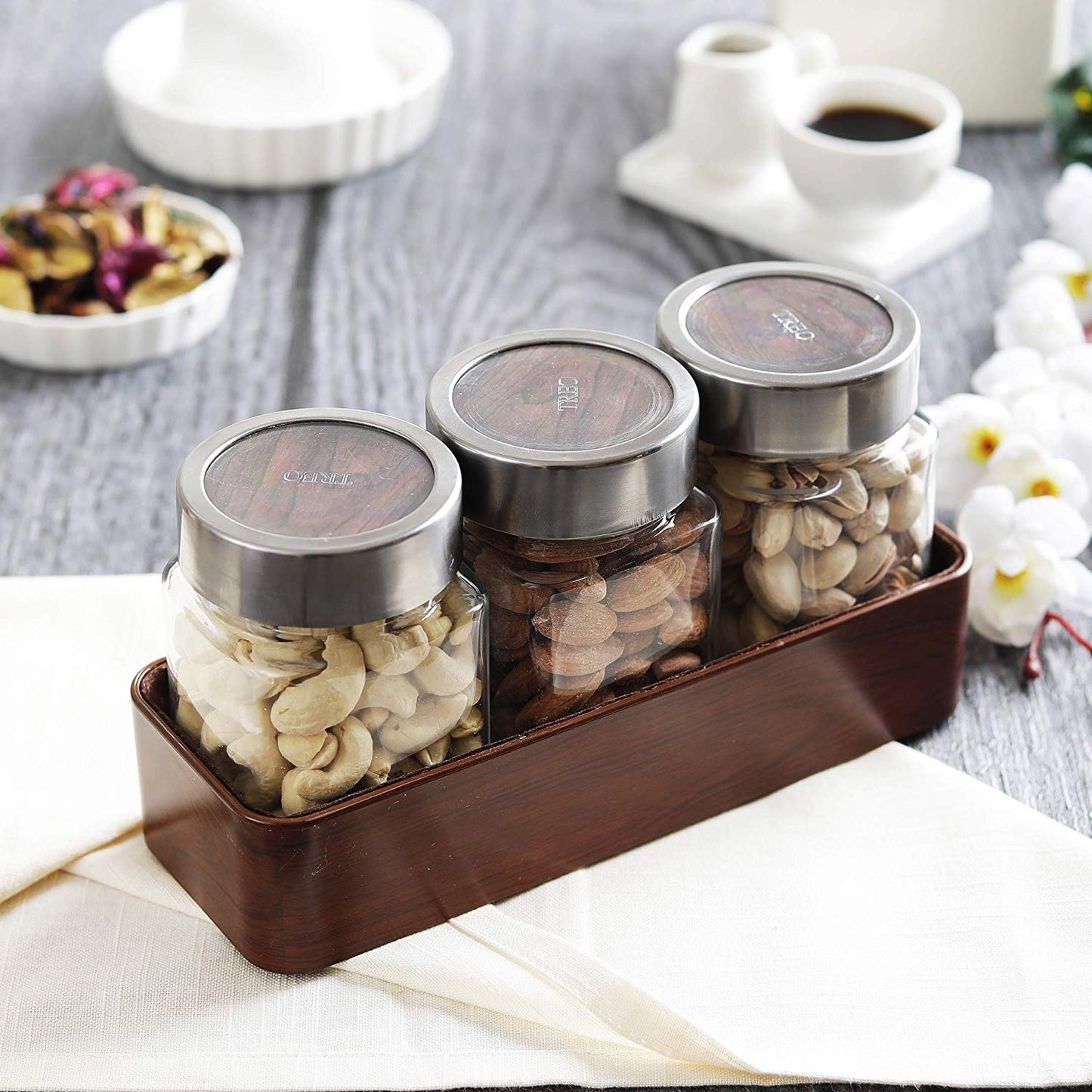 JVS Counter Organiser Treo Jars Walnut, 310 ml , Multicolour, 3 jars-1 stand | Jars & Containers