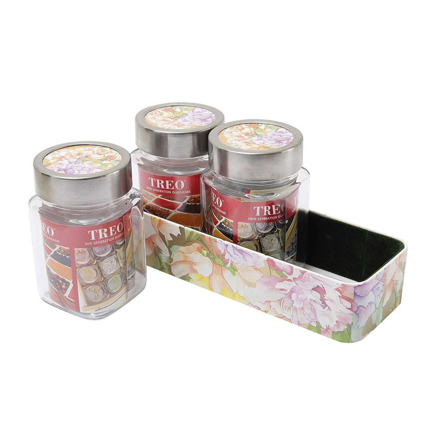 JVS Counter Organiser Treo Jars Lavender, 310 ml , Multicolour, 3 jars-1 stand | Jars & Containers
