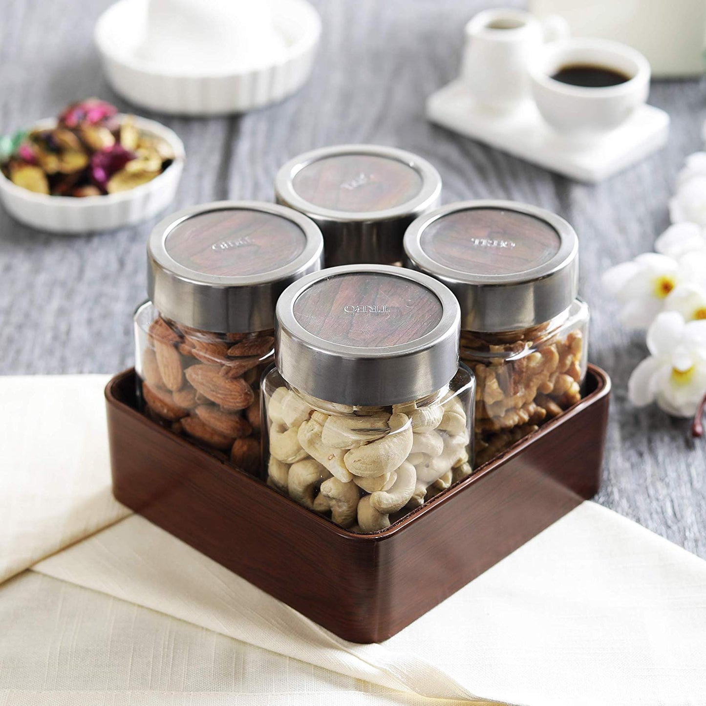 JVS Counter Organiser Treo Jars Walnut, 310 ml , Multicolour, 4 jars-1 stand | Jars & Containers