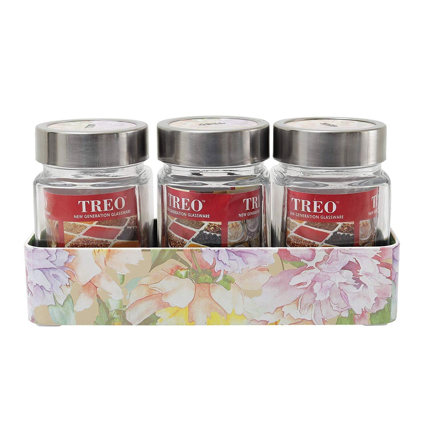JVS Counter Organiser Treo Jars Lavender, 310 ml , Multicolour, 3 jars-1 stand | Jars & Containers