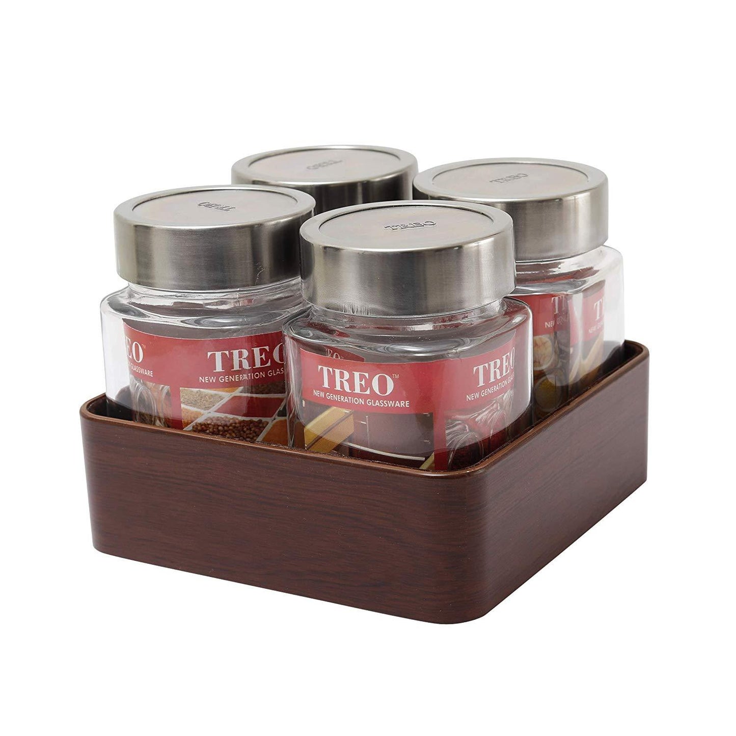 JVS Counter Organiser Treo Jars Walnut, 310 ml , Multicolour, 4 jars-1 stand | Jars & Containers