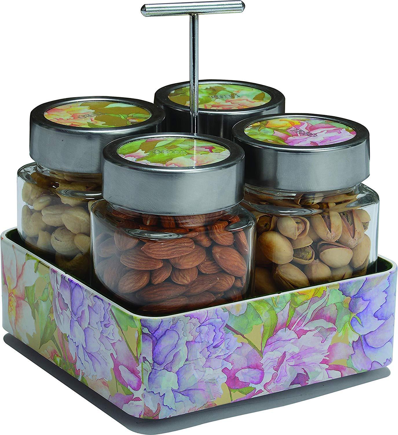 JVS Revolving Organiser Treo Jars Lavender, 310 ml , Multicolour, 4 jars-1 stand-1 handle | Jars & Containers