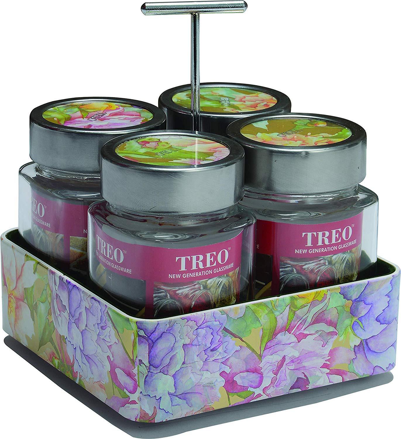 JVS Revolving Organiser Treo Jars Lavender, 310 ml , Multicolour, 4 jars-1 stand-1 handle | Jars & Containers