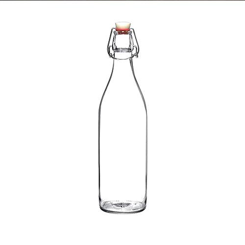 Clear glass water bottle with flip-top lid