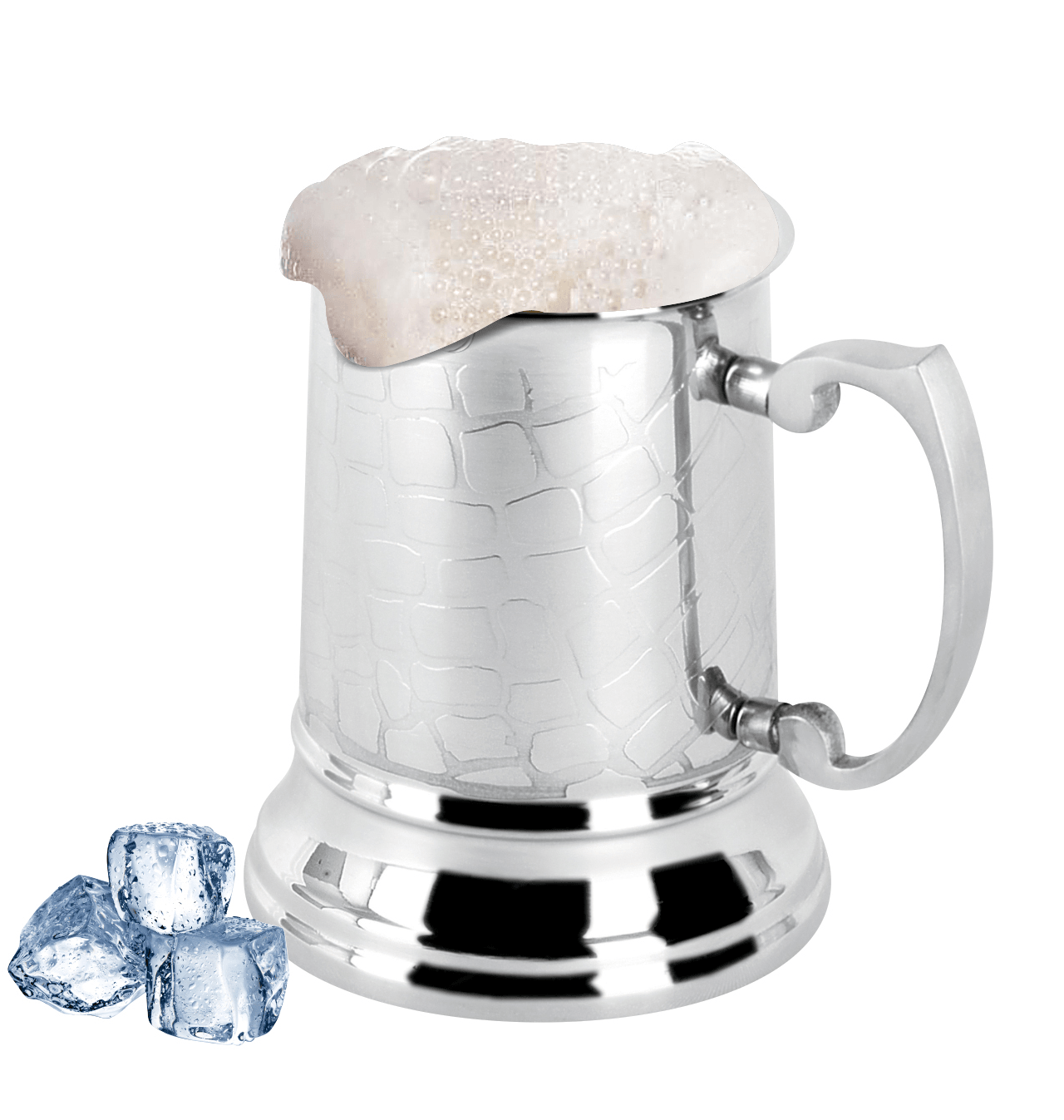 Grid double wall stainless steel beer mug filled with cold beer.