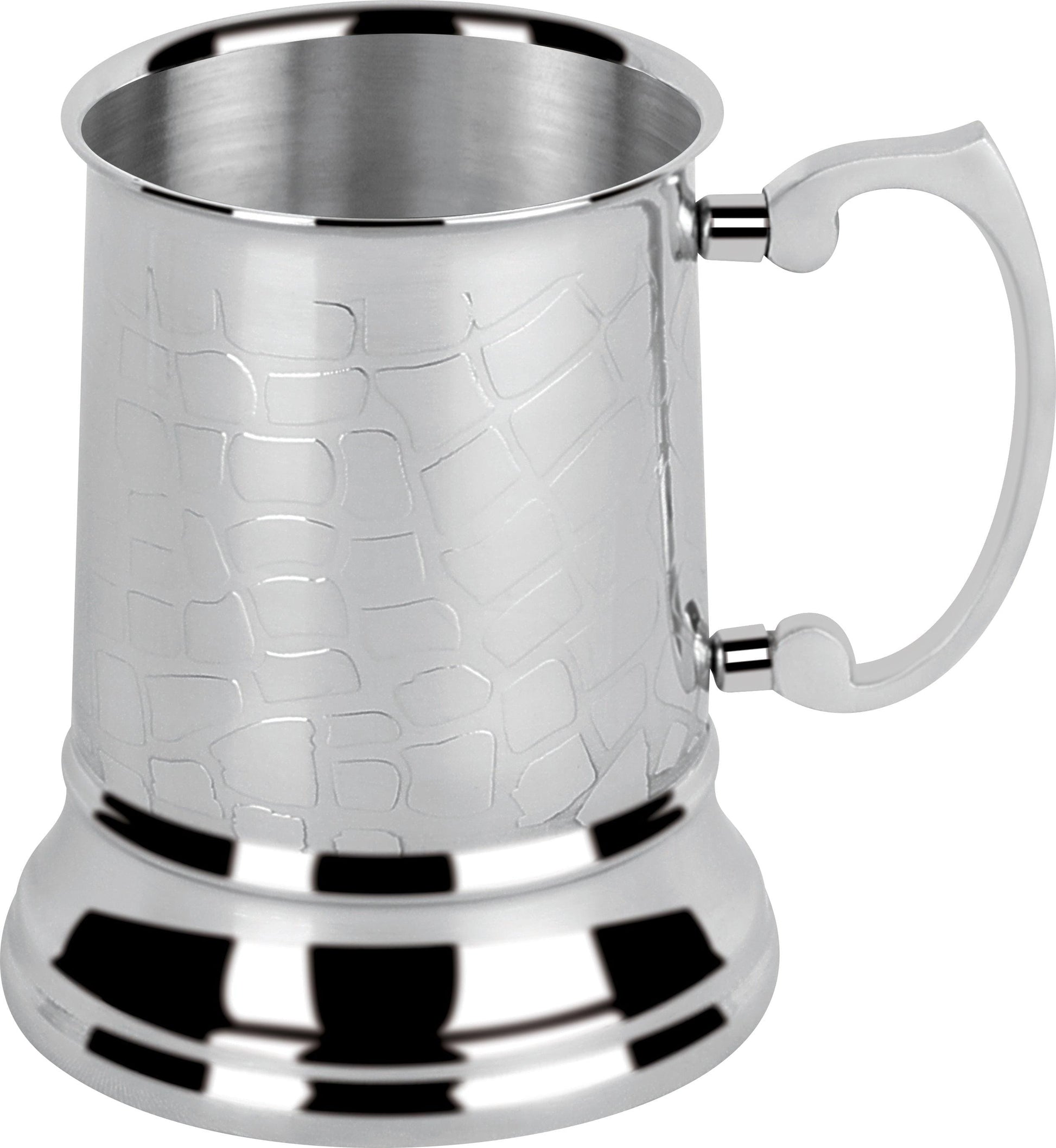 Close-up of the grid design on the stainless steel beer mug.