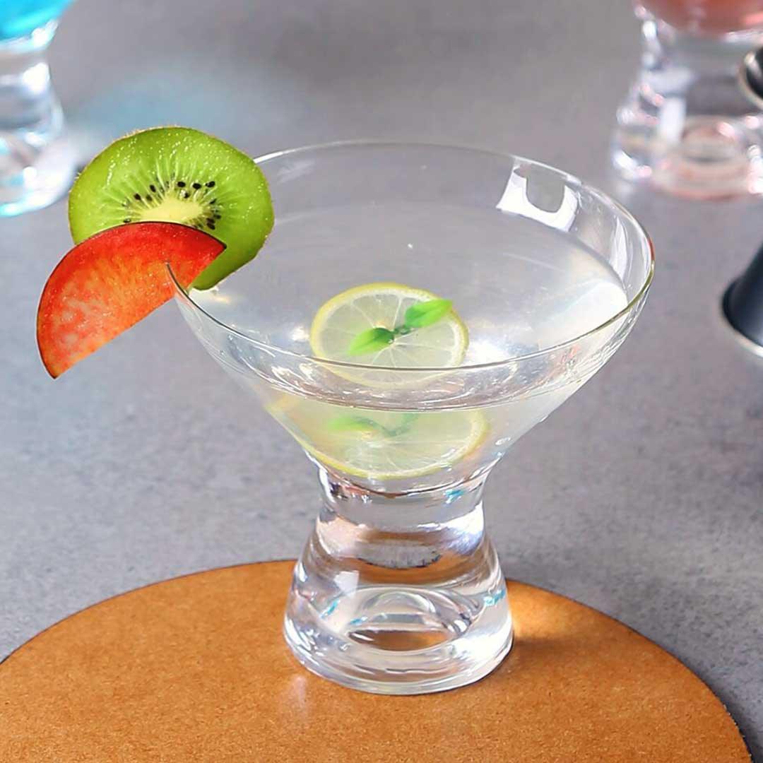 Clear Samba Glass set on a wooden table.