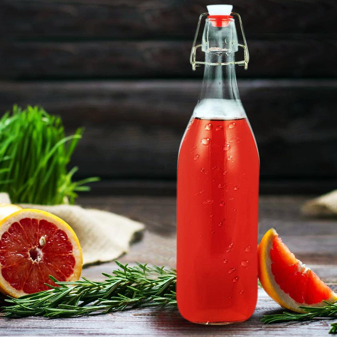 Reusable glass bottle with flip lid, great for reducing plastic waste.