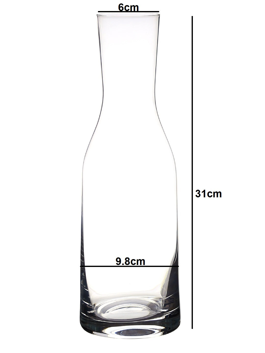 Dimensions of a transparent glass decanter for wine, showcasing its rich colors.