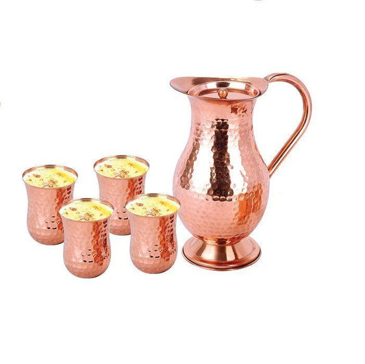 Seamless copper jug with 4 glasses, 5-piece set.