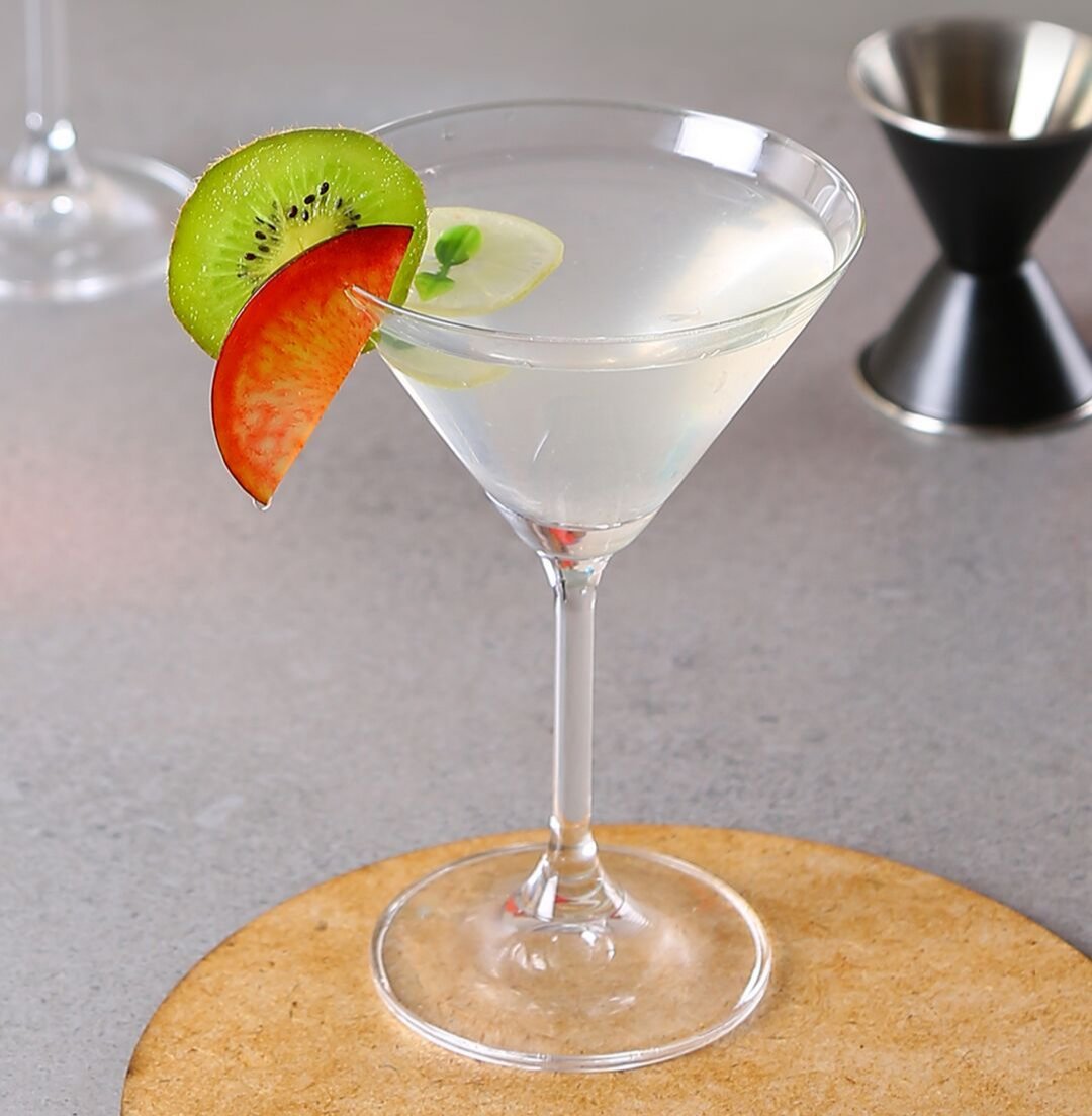 Top view of Lara Martini Glass with kiwi garnish