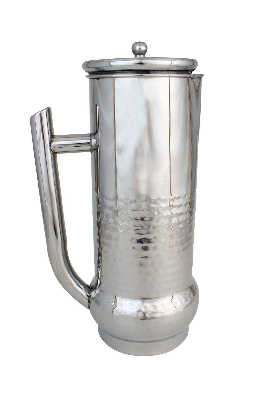 Durable stainless steel water jug with wide mouth.