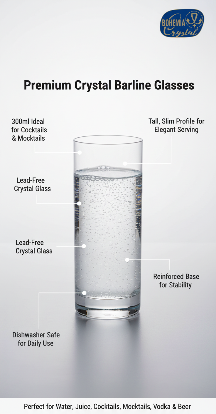 Bohemia Crystal Barline Glass Set of 6 – 300ml Tall Lead-Free Crystal Glasses for Mocktail, Cocktail, Vodka, Beer & Juice – Dishwasher Safe – Made in Czech Republic Set of 6 – Gift Box
