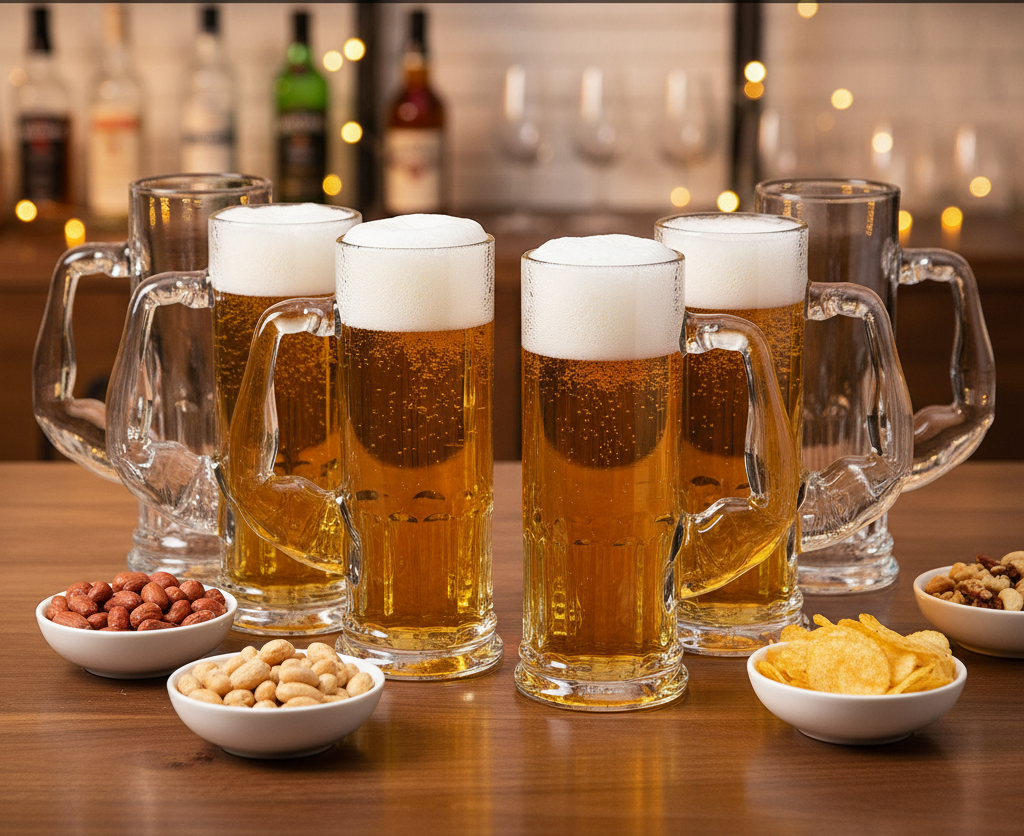 Smartserve Crystal Muscle Beer Mug Set of 6 | 600ml Heavy Clear Glass Beer Mugs | Premium Lead-Free Crystal Barware | Freezer Safe Thick Handle Large Beer Glass Set for Home, Bar & Parties