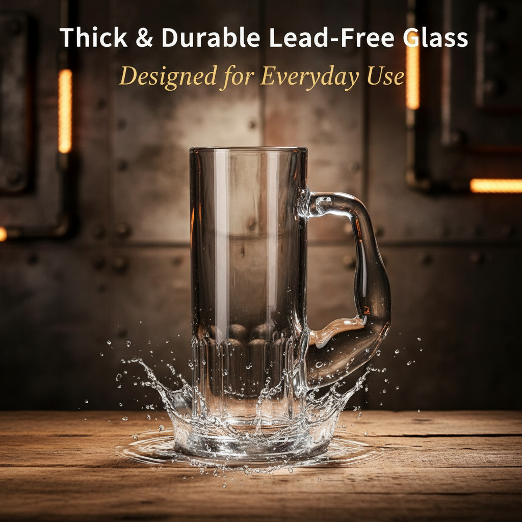 Smartserve Crystal Muscle Beer Mug Set of 6 | 600ml Heavy Clear Glass Beer Mugs | Premium Lead-Free Crystal Barware | Freezer Safe Thick Handle Large Beer Glass Set for Home, Bar & Parties