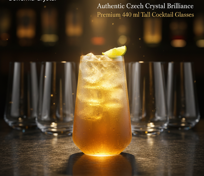 Bohemia Crystal Sandra Tall Cocktail Glasses 440 ml – Set of 6 | Lead-Free Czech Crystal Tumblers | Elegant Glassware for Cocktails, Whiskey, Bourbon, Scotch & Mixed Drinks | Dishwasher Safe