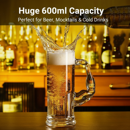 Smartserve Crystal Muscle Beer Mug Set of 6 | 600ml Heavy Clear Glass Beer Mugs | Premium Lead-Free Crystal Barware | Freezer Safe Thick Handle Large Beer Glass Set for Home, Bar & Parties