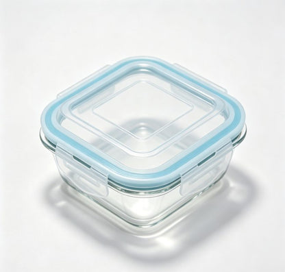 Smartserve Square Borosilicate Glass Container with Blue PP Lid, 310 ML Set of 2 | Food Storage & Meal Prep Containers | Kitchen, Office & Home Use