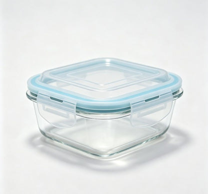 Smartserve Square Borosilicate Glass Container with Blue PP Lid, 310 ML Set of 2 | Food Storage & Meal Prep Containers | Kitchen, Office & Home Use