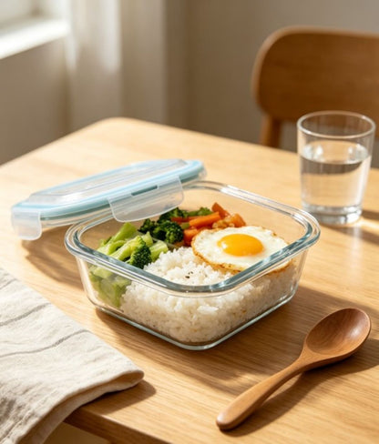 Smartserve Square Borosilicate Glass Lunch Box with Blue PP Lid, 510 ML Set of 2 | Microwave & Refrigerator Safe Food Storage Container | Meal Prep, Office, School & Home Use