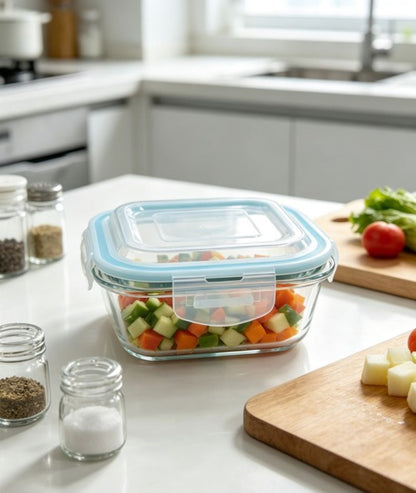 Smartserve Square Borosilicate Glass Lunch Box with Blue PP Lid, 510 ML Set of 2 | Microwave & Refrigerator Safe Food Storage Container | Meal Prep, Office, School & Home Use
