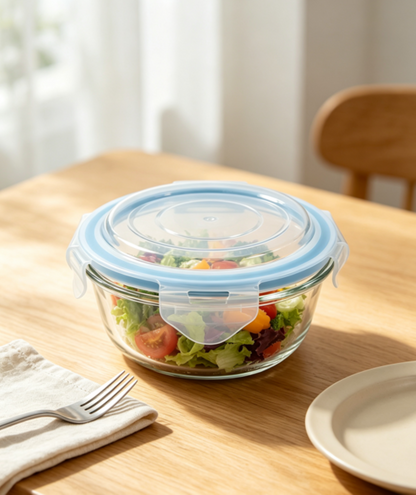 Smartserve Round Borosilicate Glass Lunch Box Set of 2, 370 ML Each | Food Storage Containers with Lids | Snacks, Dry Fruits, Meal Prep & Office Use