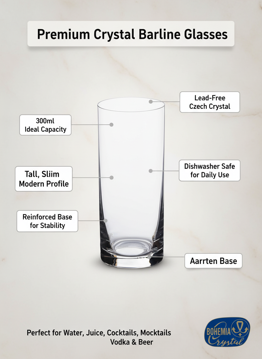 Bohemia Crystal Barline Glass Set of 6 – 300ml Tall Lead-Free Crystal Glasses for Mocktail, Cocktail, Vodka, Beer & Juice – Dishwasher Safe – Made in Czech Republic Set of 6 – Gift Box