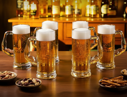 Smartserve Crystal Muscle Beer Mug Set of 6 | 600ml Heavy Clear Glass Beer Mugs | Premium Lead-Free Crystal Barware | Freezer Safe Thick Handle Large Beer Glass Set for Home, Bar & Parties