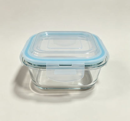 Smartserve Square Borosilicate Glass Lunch Box with Blue PP Lid, 510 ML Set of 2 | Microwave & Refrigerator Safe Food Storage Container | Meal Prep, Office, School & Home Use