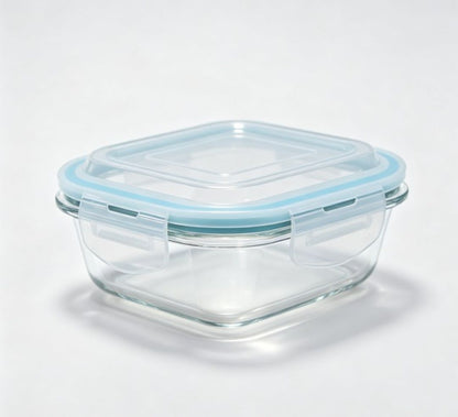 Smartserve Square Borosilicate Glass Lunch Box with Blue PP Lid, 510 ML Set of 2 | Microwave & Refrigerator Safe Food Storage Container | Meal Prep, Office, School & Home Use