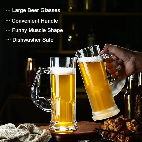 Smartserve Crystal Muscle Beer Mug Set of 6 | 600ml Heavy Clear Glass Beer Mugs | Premium Lead-Free Crystal Barware | Freezer Safe Thick Handle Large Beer Glass Set for Home, Bar & Parties