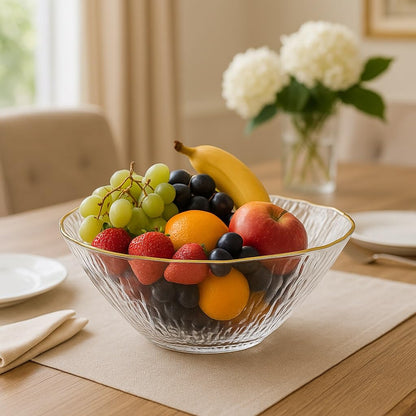 smart "serve" Bowl with Gold Rim Transparent Lead Free Glass | Elegant Premium Luxury Serving Bowl for Salads, Snacks & Desserts | Lead-Free Crystal Glass Tableware